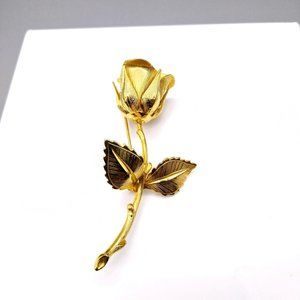 Vintage Giovanni One Rose Brooch, Gold Tone Romantic Flower Lapel Pin, Retro